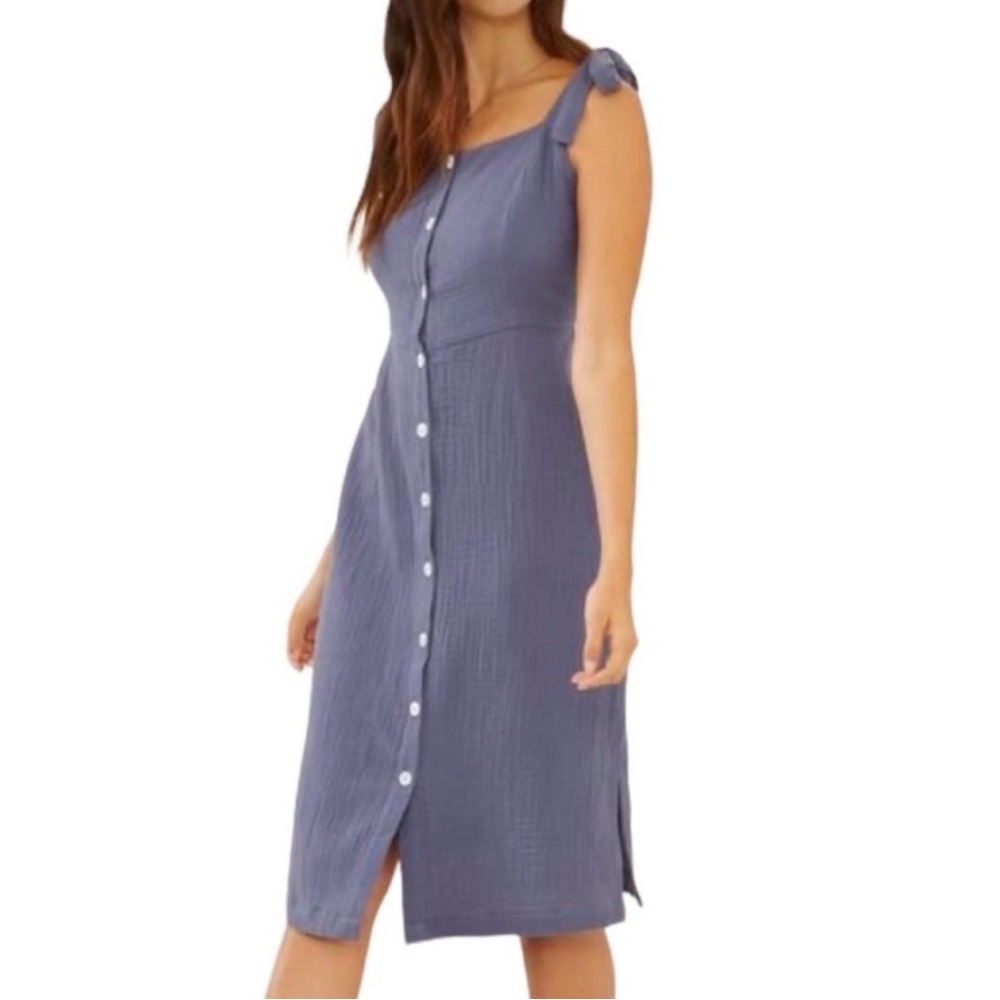 Three Dots Blue Summer Gauze Midi Button Front Dress